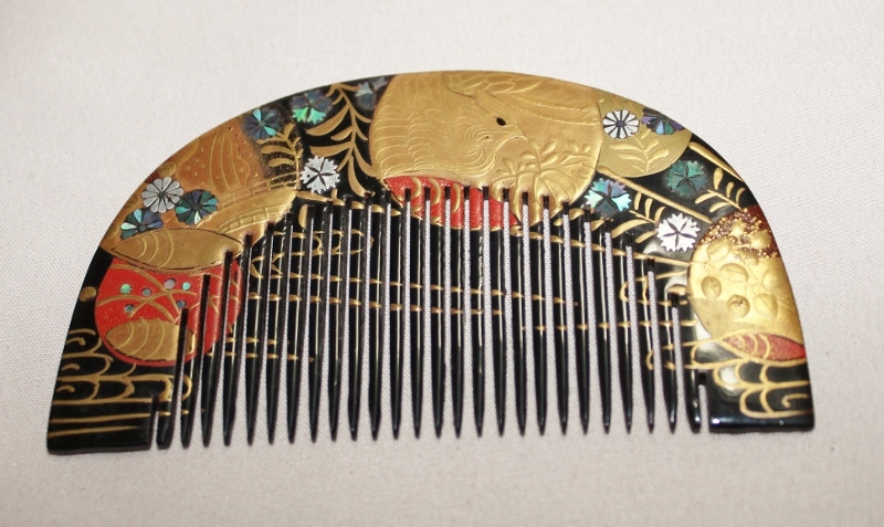 アンティーク　櫛　くし　螺鈿細工　絵入り　工芸品