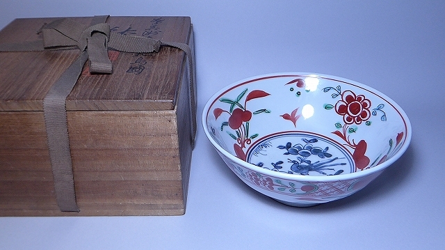 初代三浦竹泉　呉須赤絵鉢　共箱