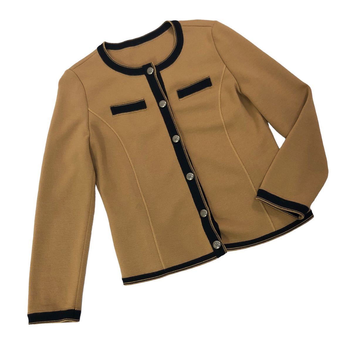 B341 大きいサイズ Leilian レリアン ニット ジャケット ノーカラー アウター 上着 羽織り ウール 100% ベージュ系 レディース 13 日本製