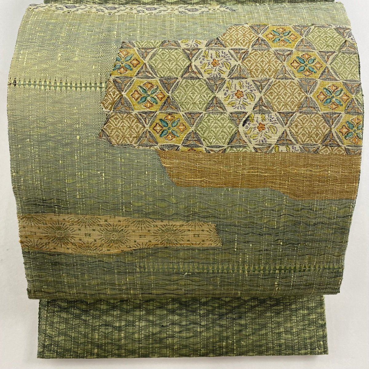 袋帯 美品 秀品 草花 灰緑 お太鼓柄 正絹 【中古】