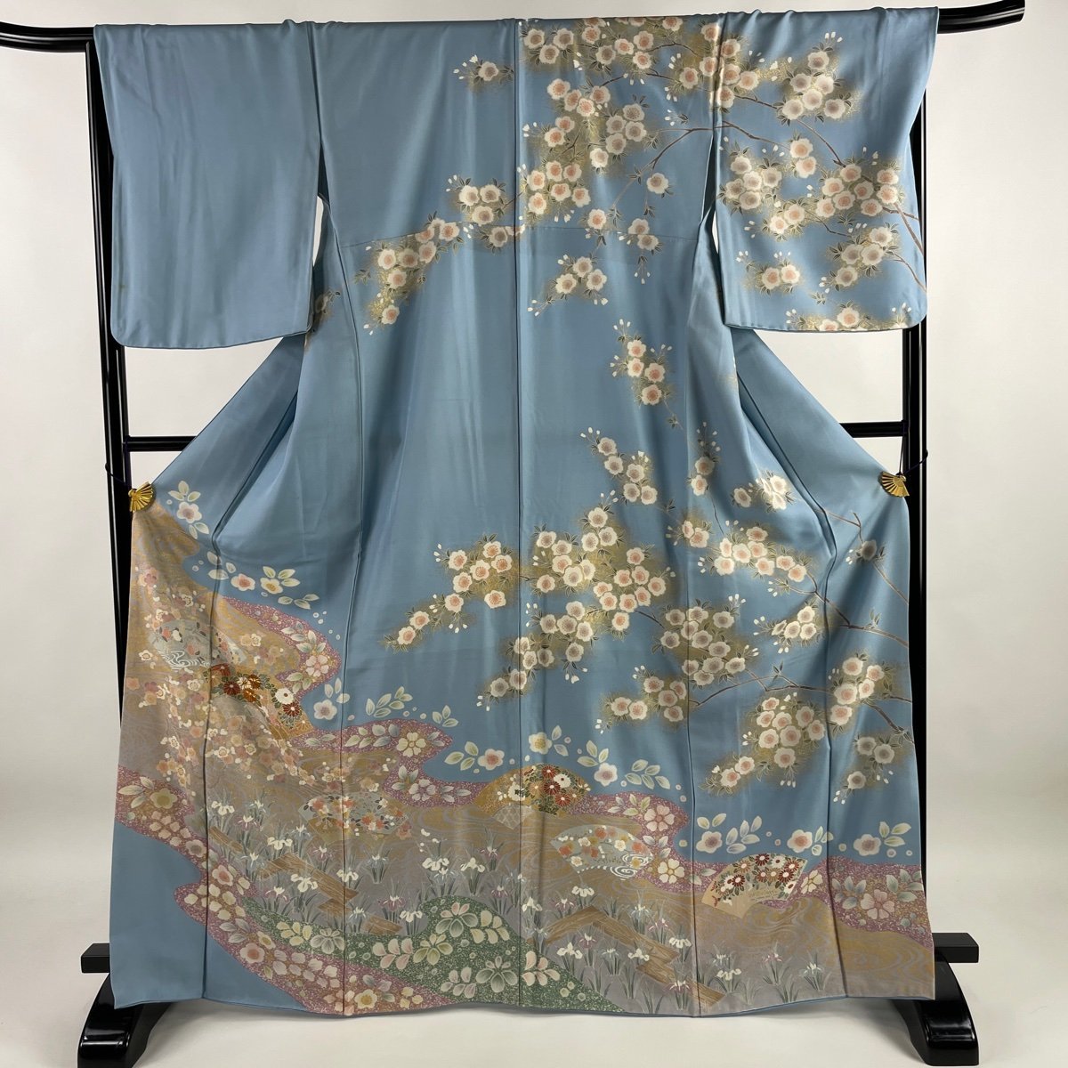 訪問着 身丈168cm 裄丈67cm M 袷 扇面 桜 金糸 金彩 水色 正絹 名品