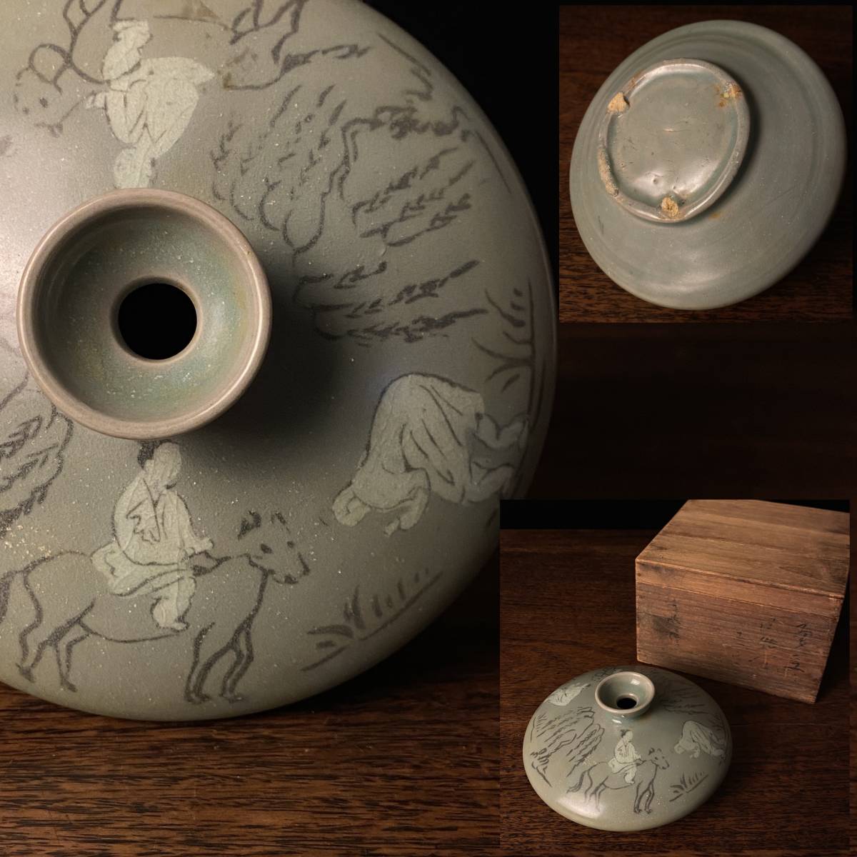 高麗青磁 騎馬人物紋 象嵌 油壺