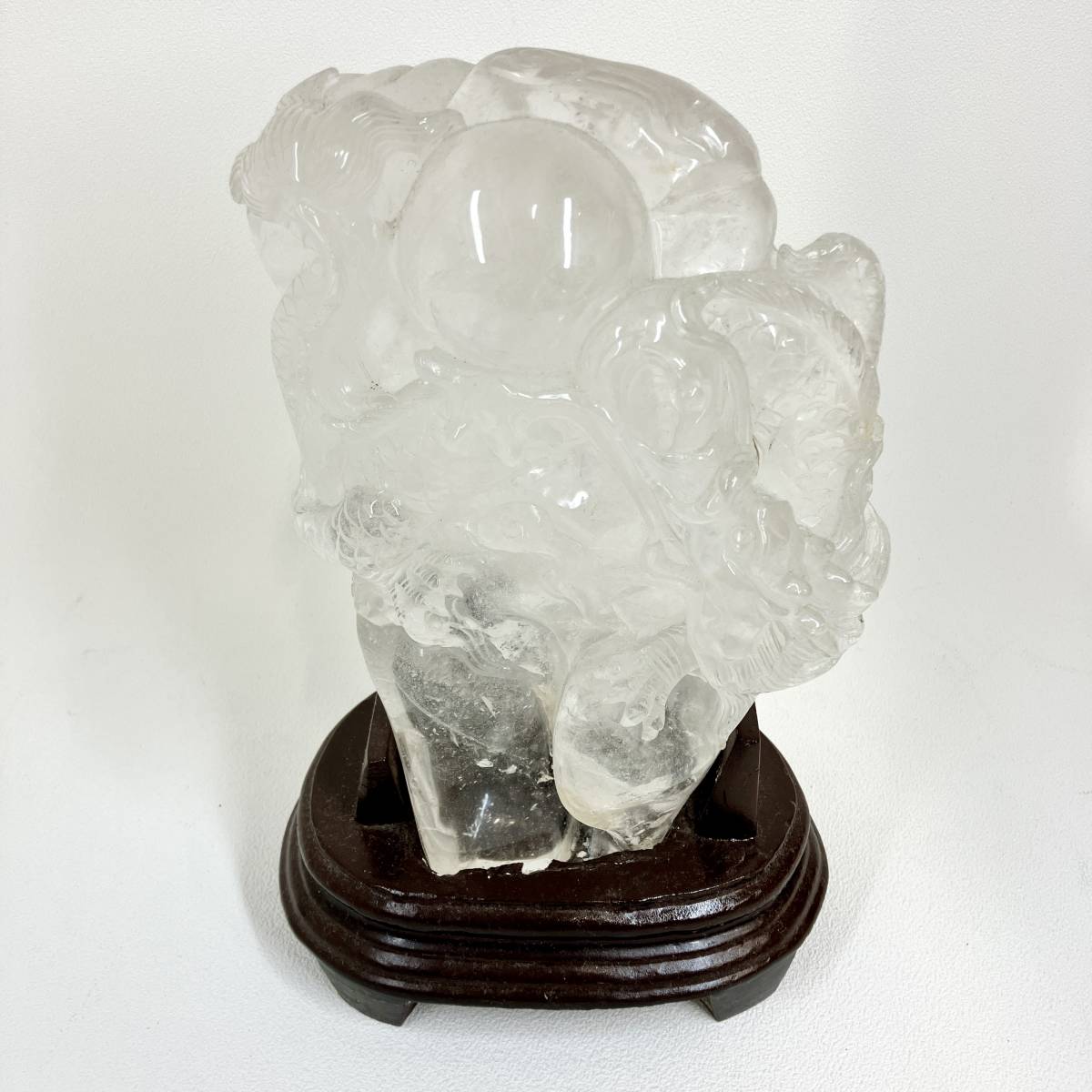 １円〜 【希少3.3kg】 水晶 龍 彫刻 置物 龍彫り 台付き 天然石 パワーストーン クォーツ 風水 開運 金運 鉱物