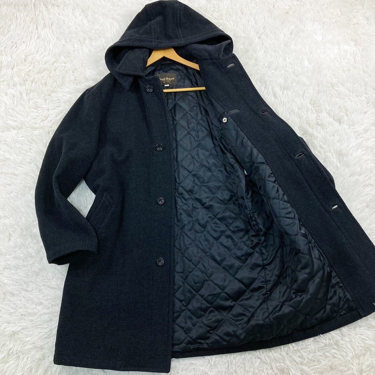 XL 極美品 ポールスチュアート Paul Stuart ステンカラーコート フード ロング アンゴラ 羊毛 ラムウール メンズ キルティング ストレッチ