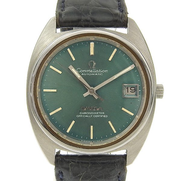 1円 稼働 オメガ OMEGA 自動巻き コンステレーション クロノメーター グリーン文字盤 SS×レザー メンズ 腕時計