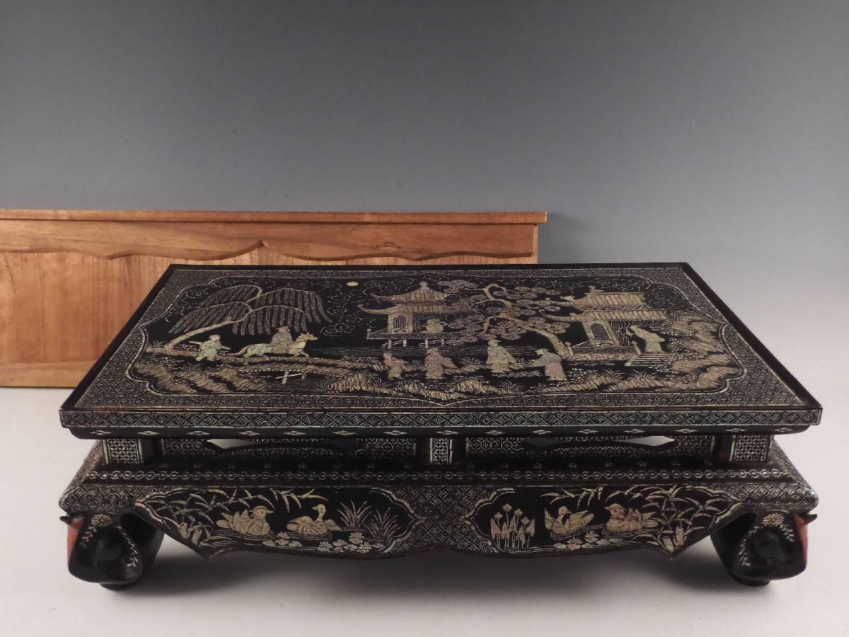 時代唐物 青貝螺鈿細工 楼閣人物 平卓 花台 香炉台 58cm 木製MA624