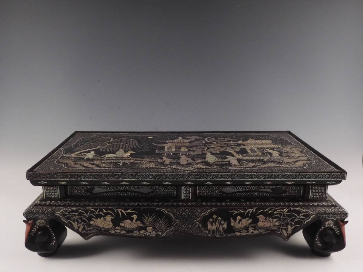 時代唐物 青貝螺鈿細工 楼閣人物 平卓 花台 香炉台 58cm 木製MA624