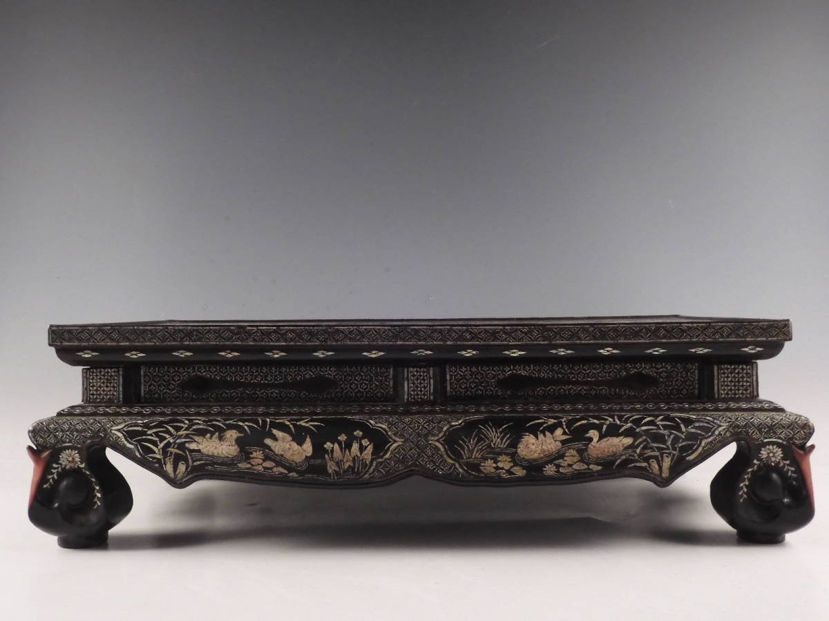 時代唐物 青貝螺鈿細工 楼閣人物 平卓 花台 香炉台 58cm 木製MA624