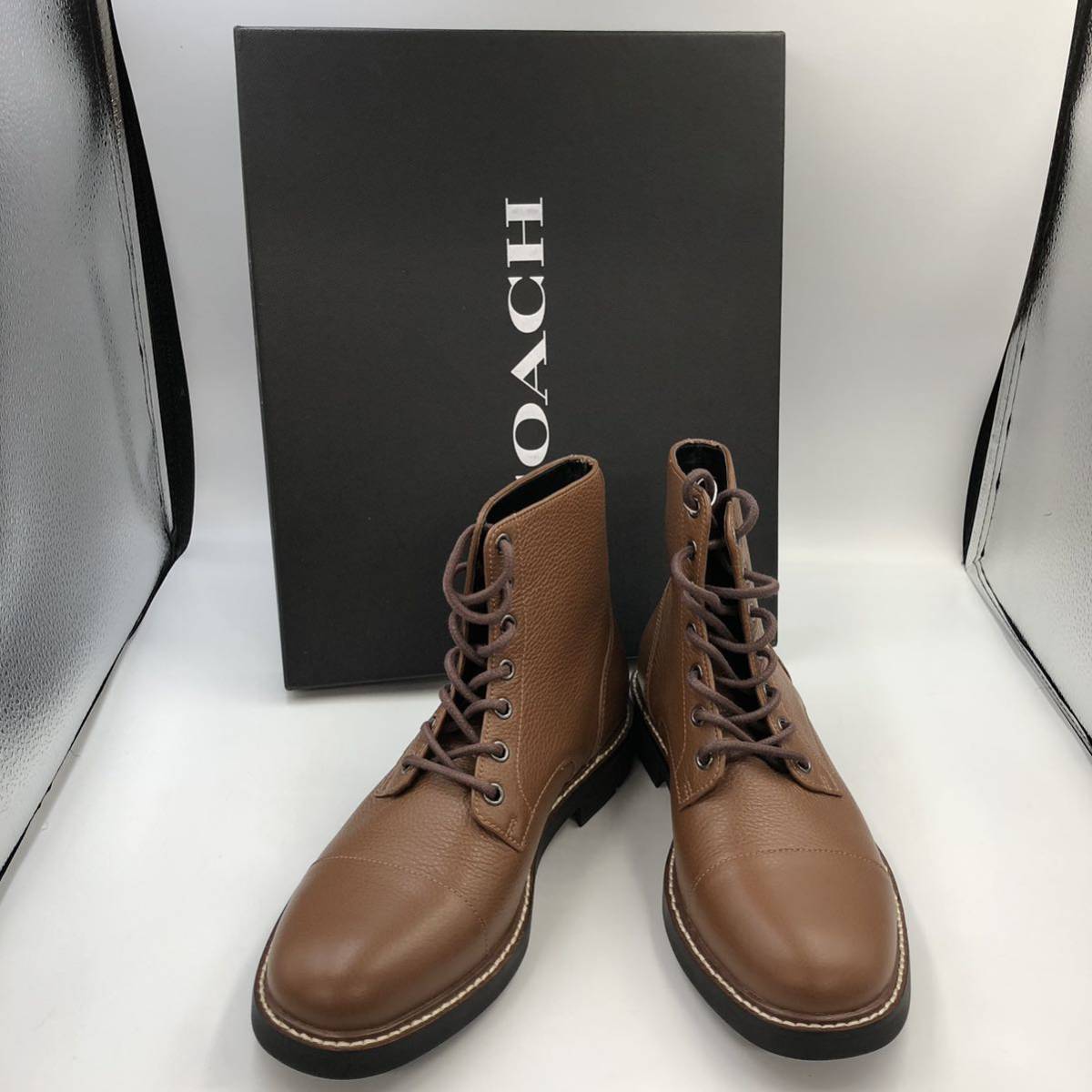 12/8 SA-I1566★コーチ メンズブーツ 美品箱付★US size8D★coach/レースアップブーツ/ブラウン/レザー/ブランドシューズ/箱付き/DB3 DE0