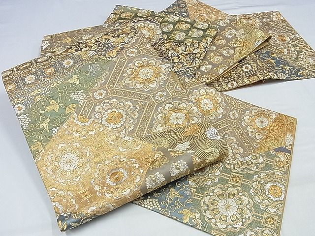 平和屋-こころ店□総刺繍 袋帯 名物裂 蜀江花鳥文 金銀糸 正絹