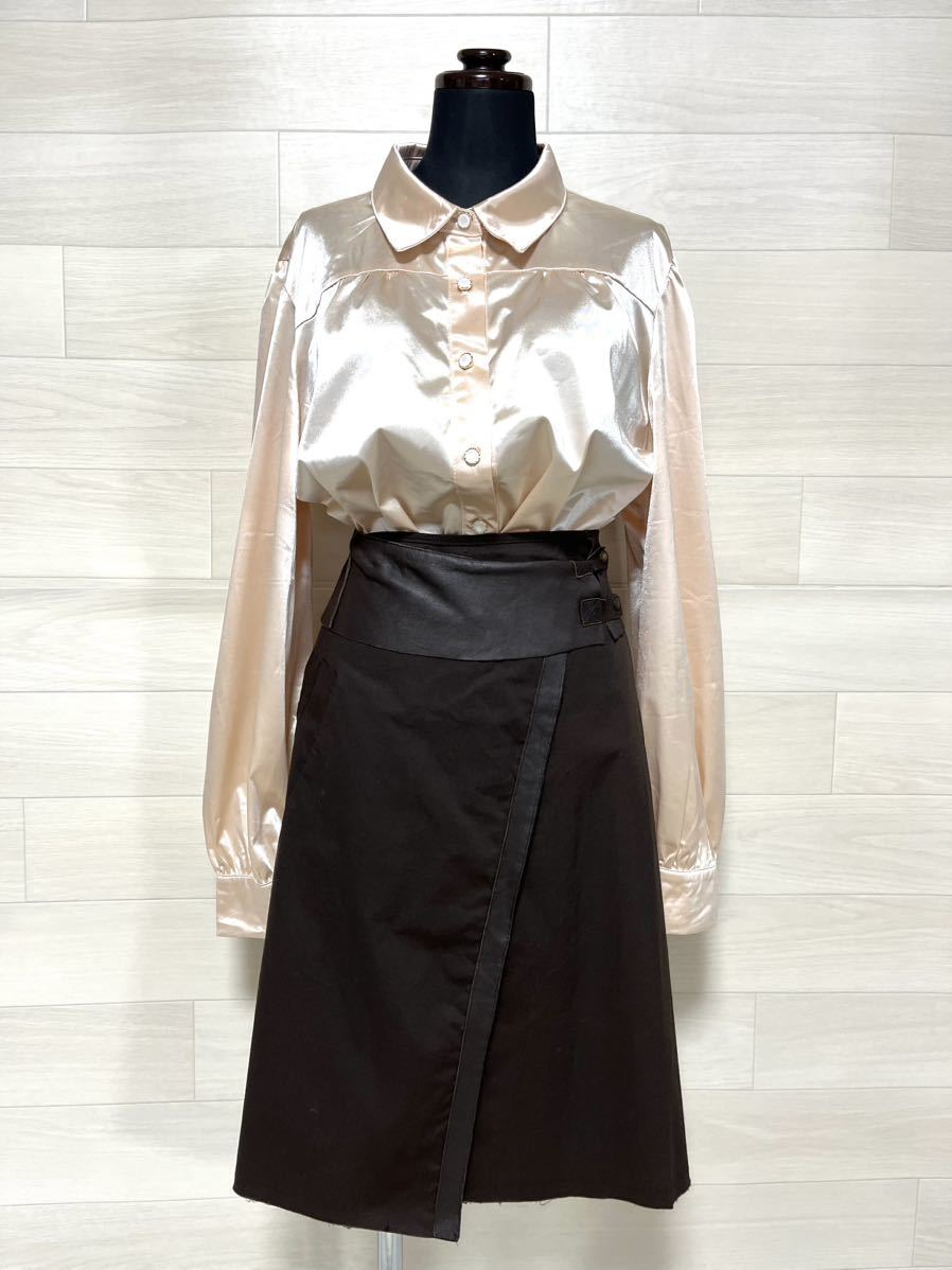 ☆超艶々 超光沢サテン 超つるつる 超ピカピカ ブラウス&レザー Aya＊ラップスカート＊ウエストレザー＊おしゃれ＊ブラウン密着 