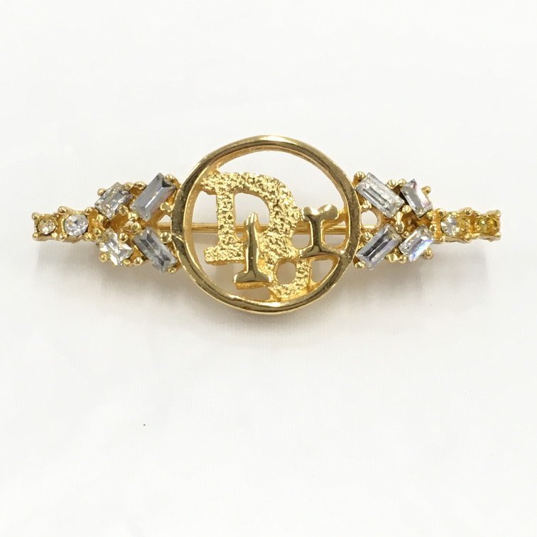 Christian Dior クリスチャン ディオール Diorロゴ ブローチ GP×ラインストーン【BKAW2028】