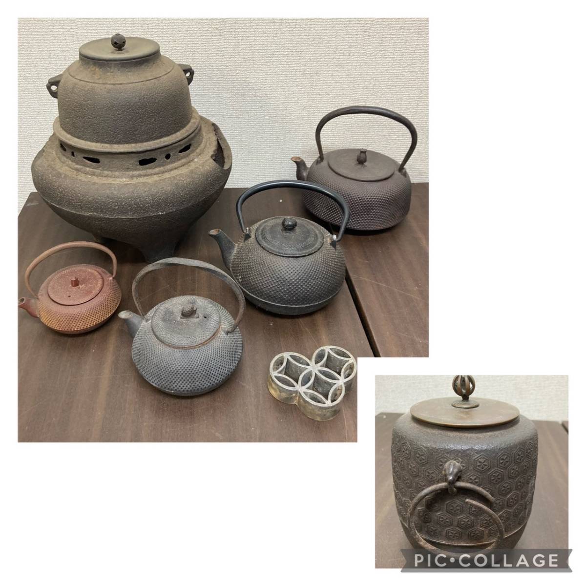 □時代釜師造 四方蓋 鐶摘 平打手鉄瓶□