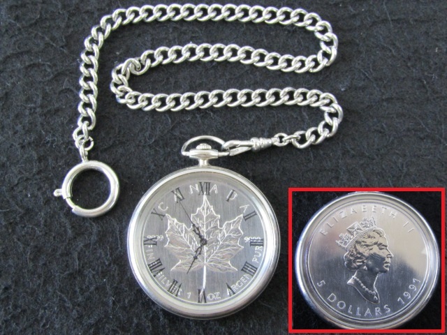 ◇カナダ メイプルリーフ 5ドル銀貨 1991年 1OZ 懐中時計◇(クォーツ