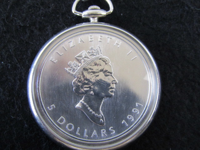 ◇カナダ メイプルリーフ 5ドル銀貨 1991年 1OZ 懐中時計◇(クォーツ