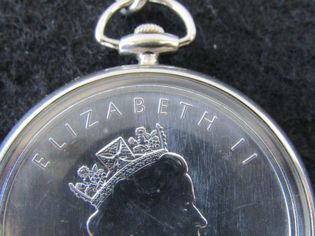 ◇カナダ メイプルリーフ 5ドル銀貨 1991年 1OZ 懐中時計◇(クォーツ