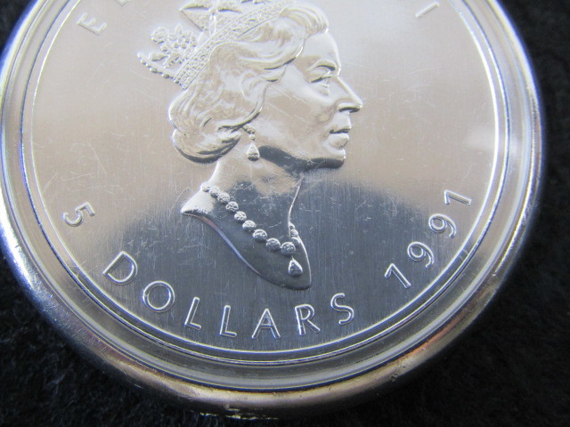 ◇カナダ メイプルリーフ 5ドル銀貨 1991年 1OZ 懐中時計◇(クォーツ