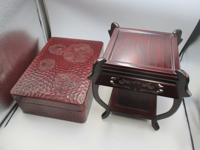 古家具 古美術 木彫 花台 盆栽台 2つセット、鎌倉彫 入れ物、唐木彫
