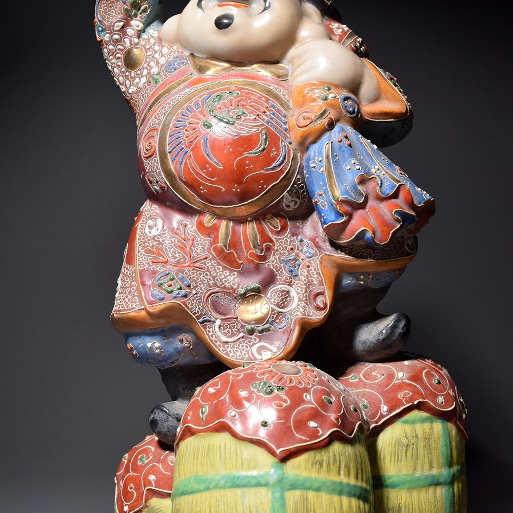 時代 九谷焼 大黒天 色柄 金彩 金襴 細密 大黒 七福神 縁起物 置物 魔