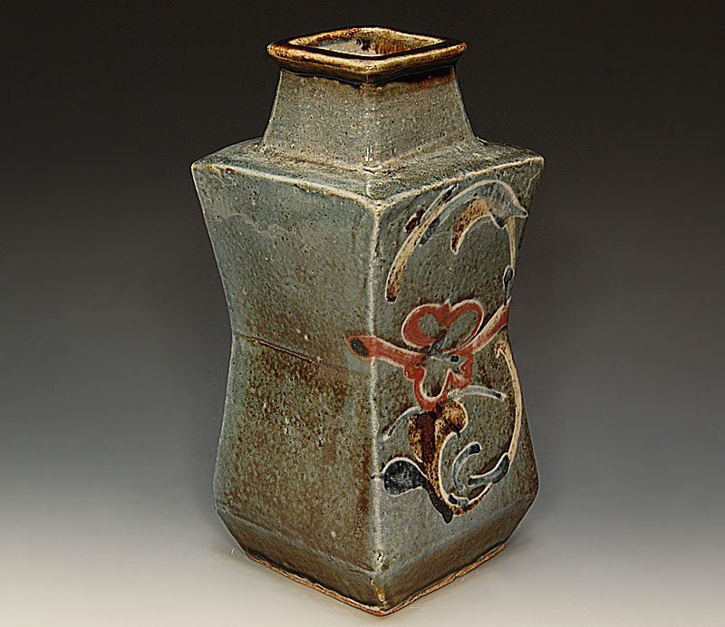 星庵厳選企画 河井寛次郎作 呉須色絵草花文 四方壺 花瓶 展覧会出展作