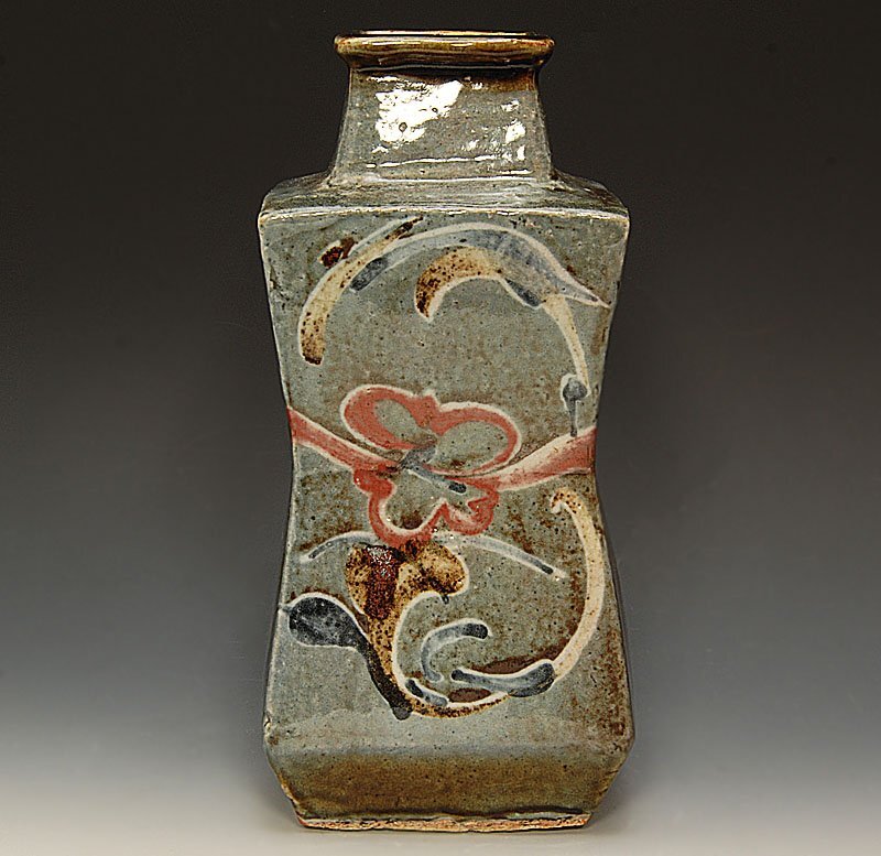 星庵厳選企画 河井寛次郎作 呉須色絵草花文 四方壺 花瓶 展覧会出展作