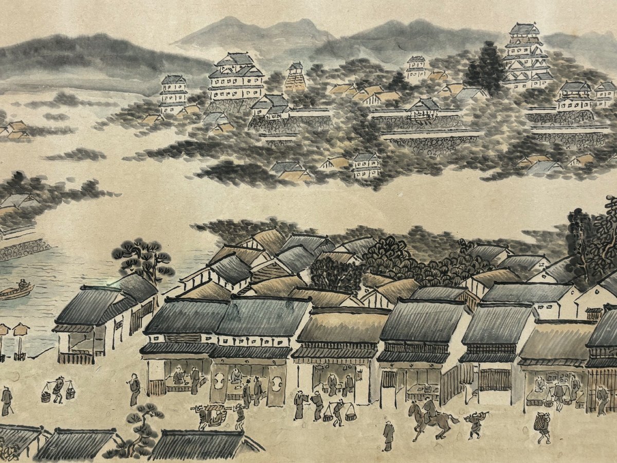 福山絵師 在銘 福山城と天下橋の図 水墨画 扁額 備後 絵画 書画 美術品
