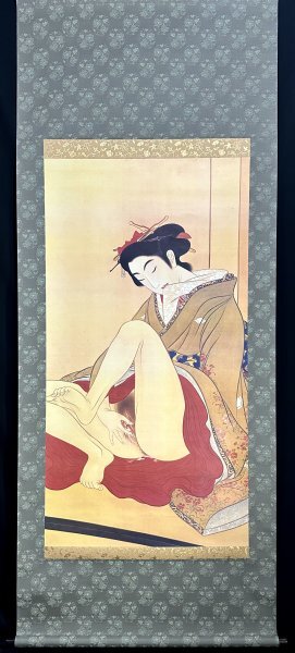 印刷工芸】葛飾北斎「春草図」掛軸 紙本 人物画 工芸 印刷 江戸時代