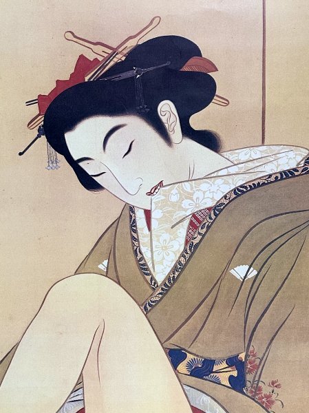印刷工芸】葛飾北斎「春草図」掛軸 紙本 人物画 工芸 印刷 江戸時代
