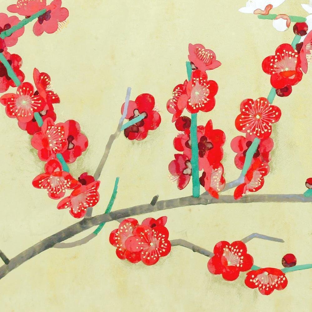 『紅白梅』佐藤太清 日本画 文化勲章 真作】【WISH】佐藤太清「紅白梅」日本画 6号 金泥仕様 共シール 〇