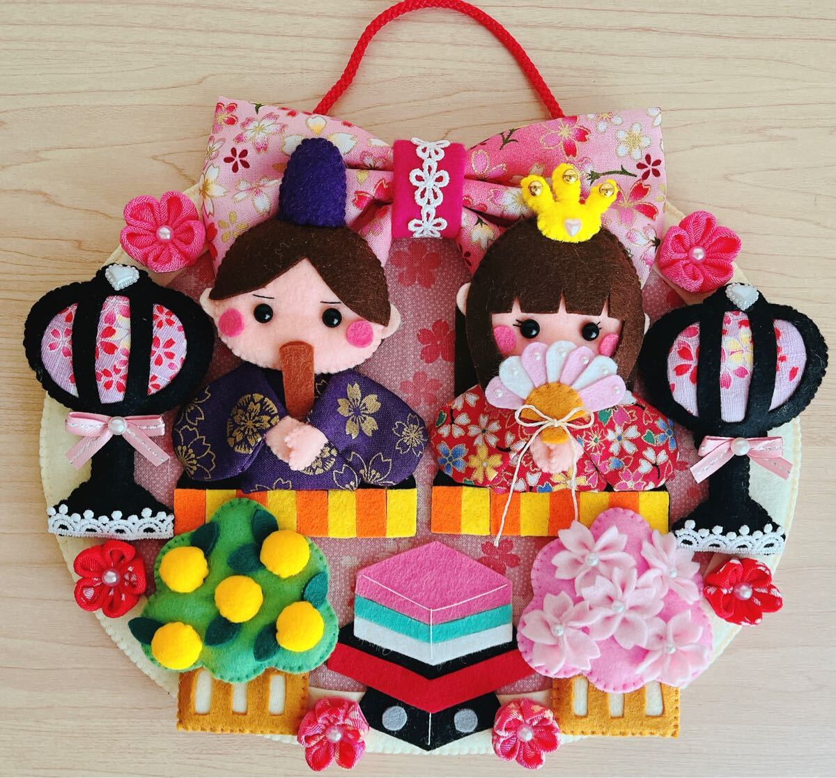☆ハンドメイド☆ひな祭りリース☆お雛様☆男雛☆女雛☆ぼんぼり☆菱餅