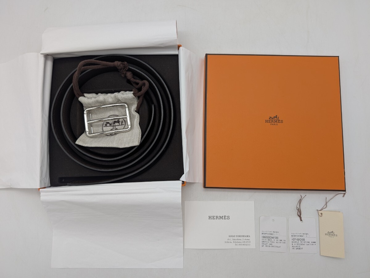 送料無料 未使用品 エルメス HERMES リバーシブルベルト 90 SILVER シルバー金具 銀 ブラック BLACK 黒 ブラウン BROWN 茶 