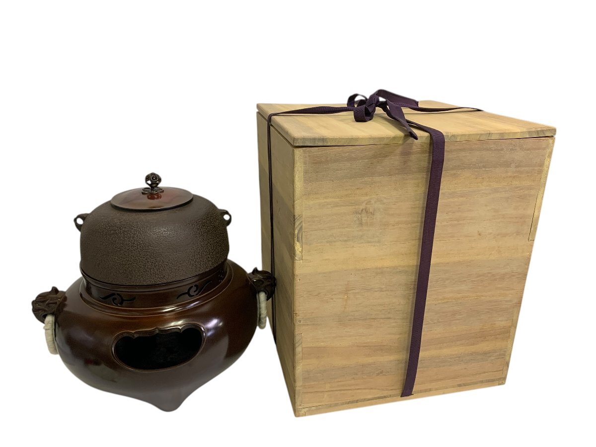 宇】2163 釜師 高橋敬典造 瓢 筋入釜 共箱 茶道具