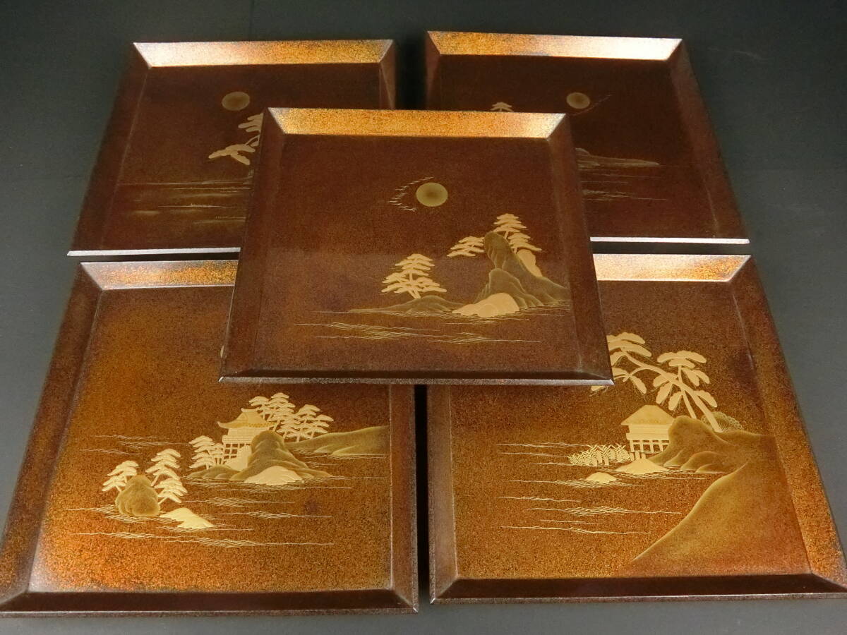 時代 木製 輪島塗 梨地 金蒔絵 図替わり 吸物膳 5客(明治時代) 工芸品 膳