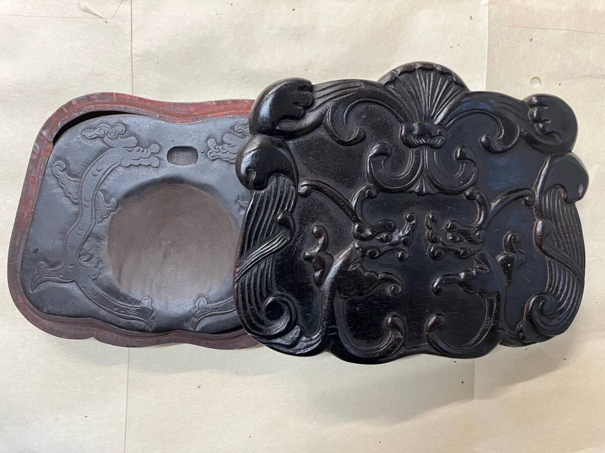 旧家うぶ品 時代物 唐物 硯 唐木 漢詩 龍刻 老抗 中国 古玩 文方四宝 
