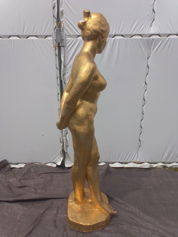◇林昭三作 像 女性◇約28×26×H105㎝ モニュメント 石膏像 石こう 古