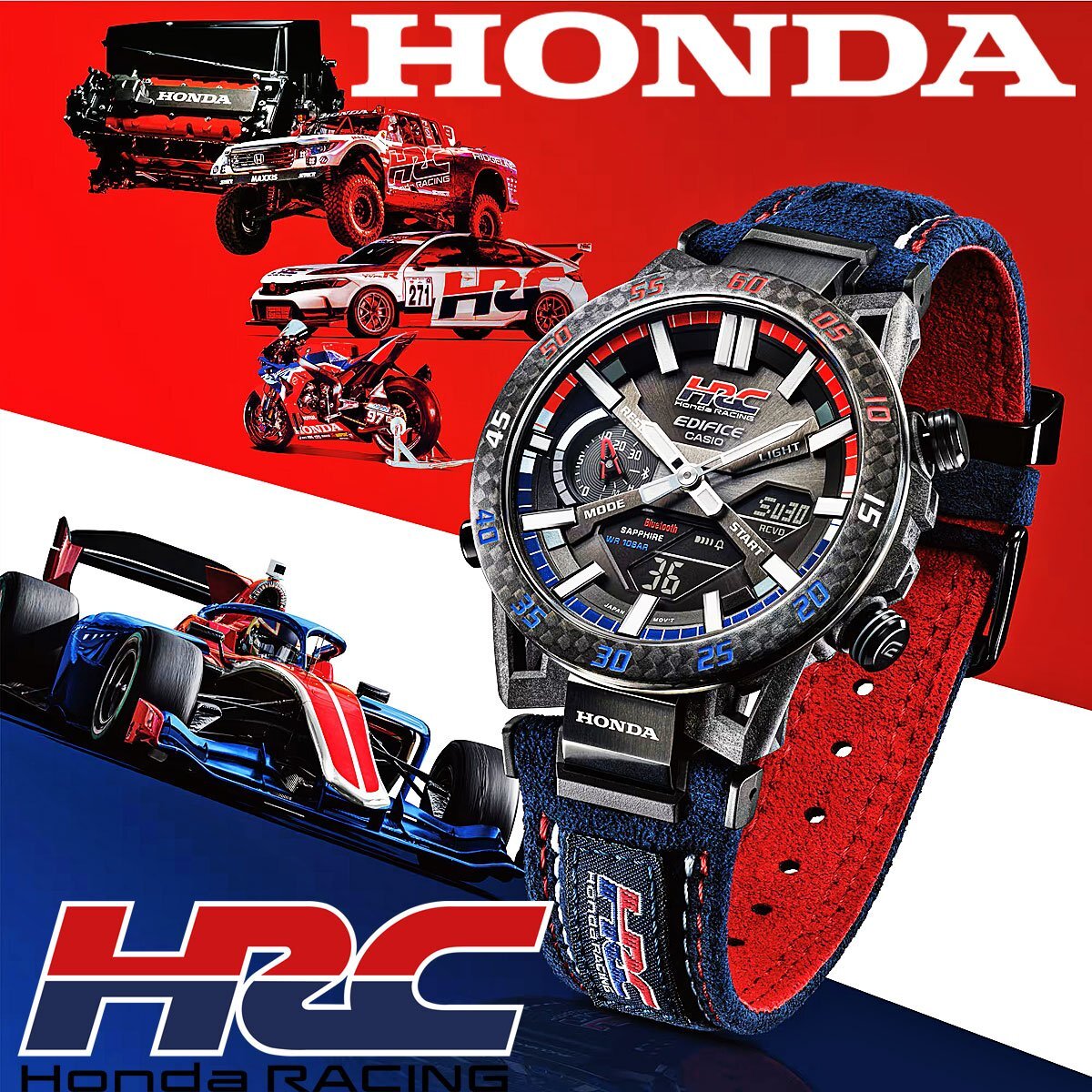 公式ホンダHONDAレーシング HRC限定モデル Wネーム カーボンファイバー 新品1円 カシオEDIFICE スマホ連動 ソーラー クロノグラフ 100m防水_1