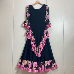 245 美品 prima boutique フラメンコ衣装 ドレス 花柄 フリル ストレッチ 社交ダンス 発