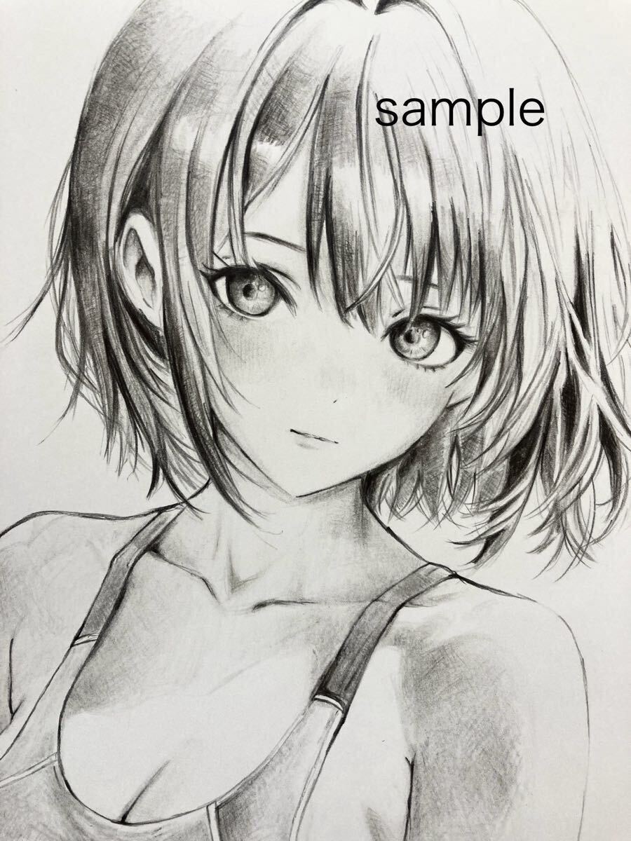 A4 手描きイラスト☆鉛筆画☆モノクロ☆スクール水着☆かわいい