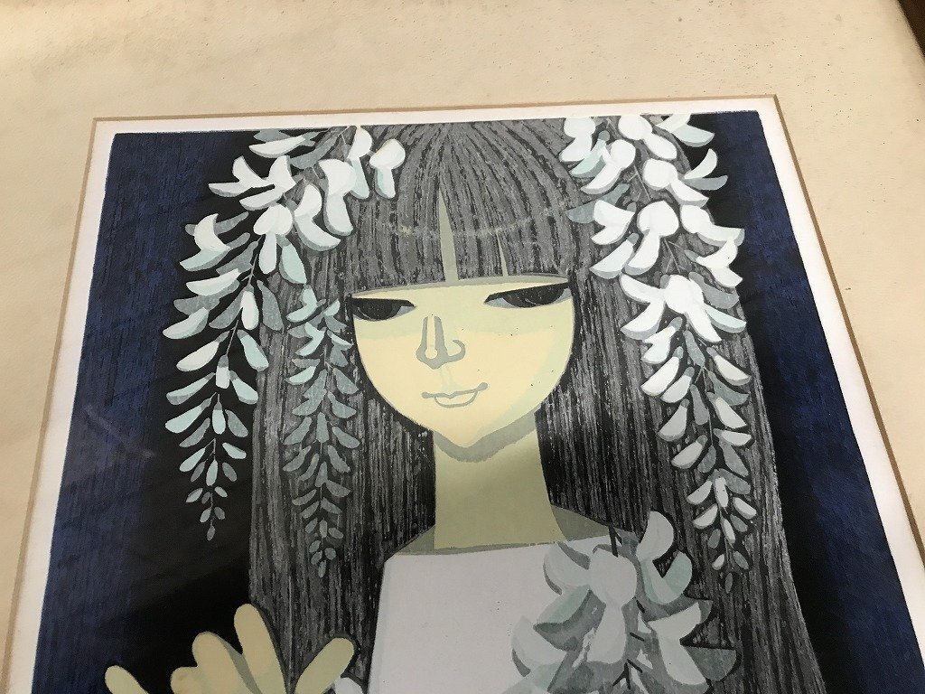 ☆ 【真作】 池田修三 木版画 額装品 「藤紫」 版画 1977年 少女 骨董