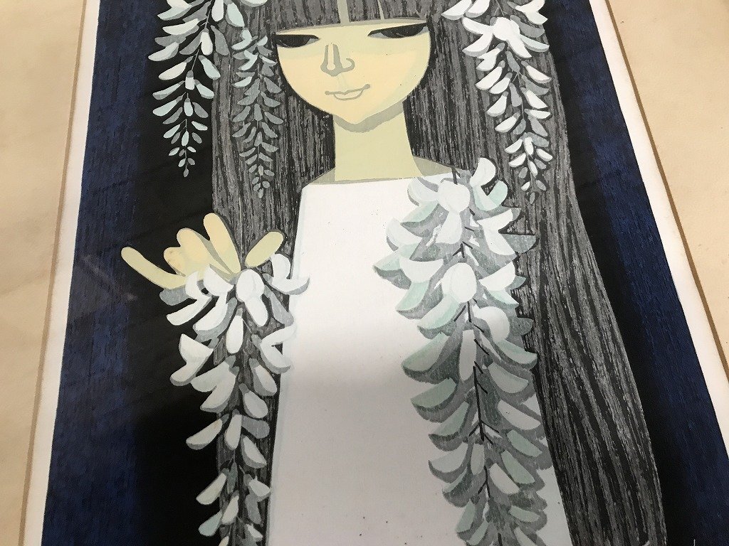 ☆ 【真作】 池田修三 木版画 額装品 「藤紫」 版画 1977年 少女 骨董