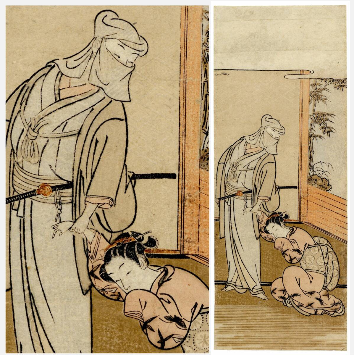 春画 春信派浮世絵師 浮世絵師 江戸中期頃 密会図(仮題) 短冊画 鳥居清