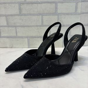 極美品 1回のみ着用 ZARA ビジュー ブラック スリングバック ハイヒール キラキラ 黒 ブ