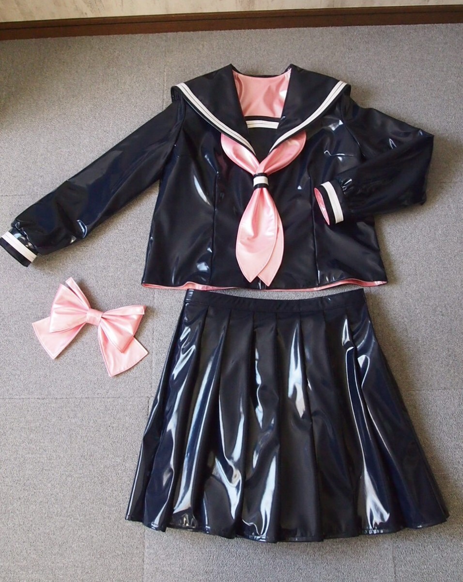 コスプレ衣装 光沢エナメルセーラー服 両面エナメル 男性2Lサイズ 紺