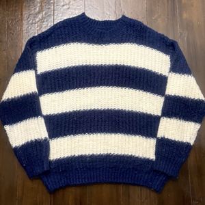 希少 ボーダー 毛足長 80s～ヴィンテージ UK UNKNOWN クルーネック モヘア混 ニット L～X