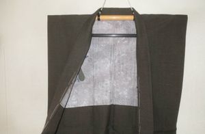 壱火0383 男の袖無し羽織 丈90К交ぜ織りお召調 暗い灰緑鹿毛織 L寸位 呉服仕立て 未着用