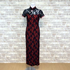 1円チャイナドレス【ネコポス可】 ロングワンピース M 黒中生地赤 カラードレス キャバド