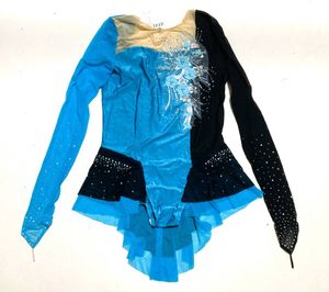 大きなUS16サイズ水色　長袖光沢ラインストーンメッシュフィギュアスケートレオタードド