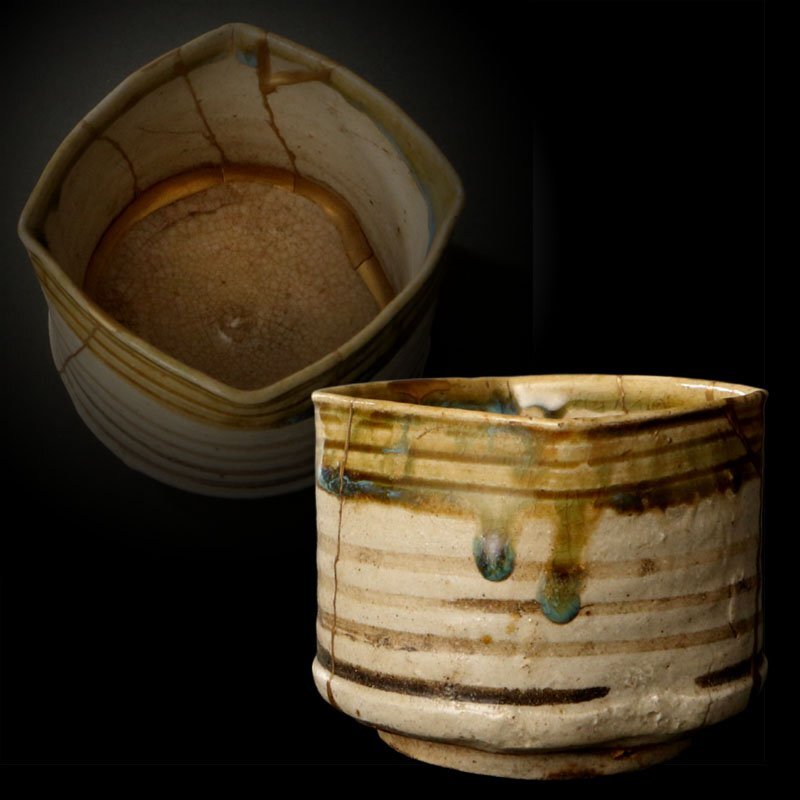 深和】桃山期◇青織部口四方輪線文火入（発掘品 出土品 桃山古陶 懐石