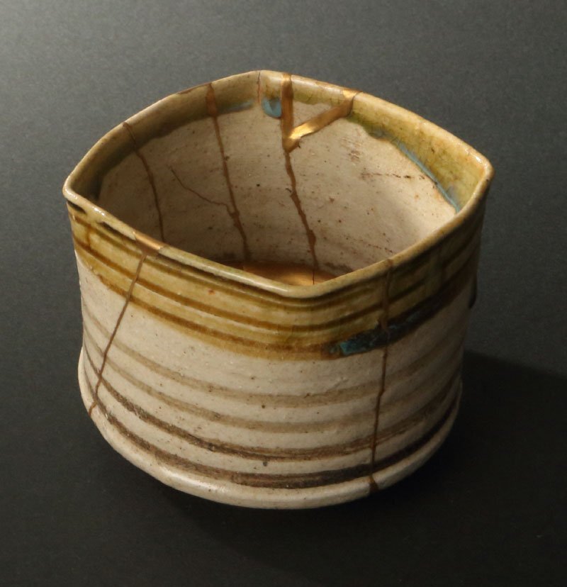 深和】桃山期◇青織部口四方輪線文火入（発掘品 出土品 桃山古陶 懐石