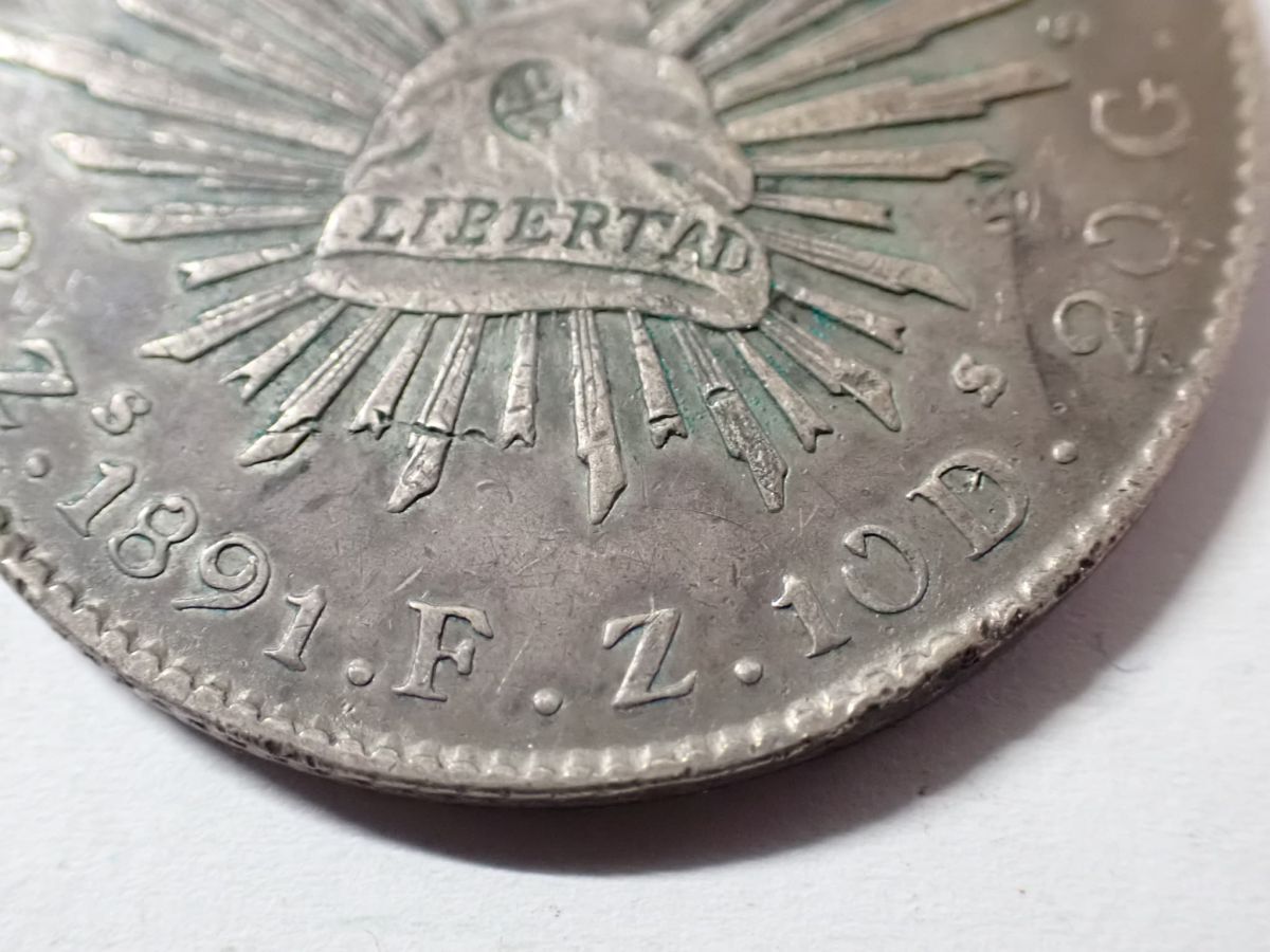 N347/6E〇1891年 メキシコ 8レアル銀貨 自由の帽子/鷲と蛇 貿易銀 大型